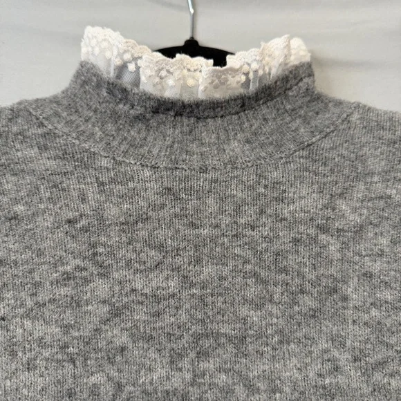 Zara Womens Mock Neck Lace Trim Knit Sweater Size S Grey Victorian Feminine 80s - Picture 4 of 6